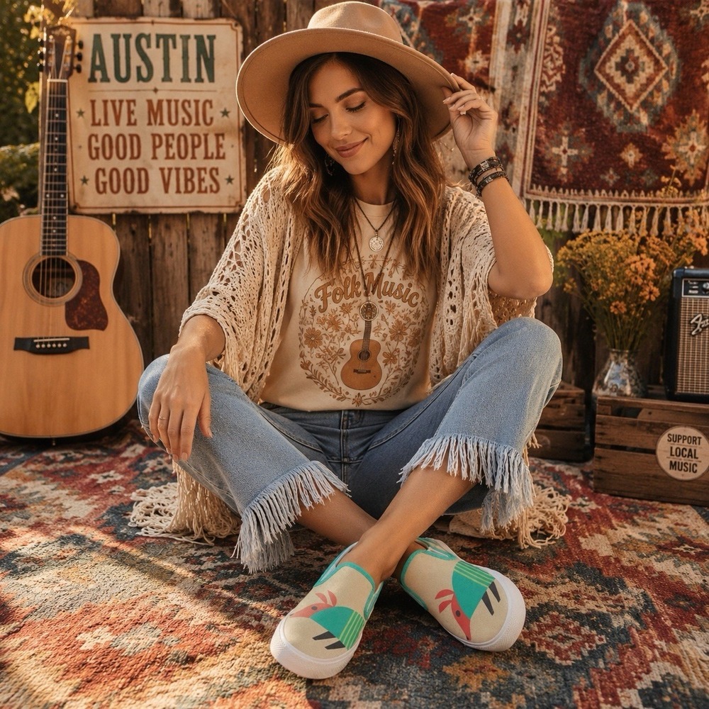 Bucketfeet Armadillo Canvas Slip On Shoes Sz 7 Austin Festival Art Folk Boho